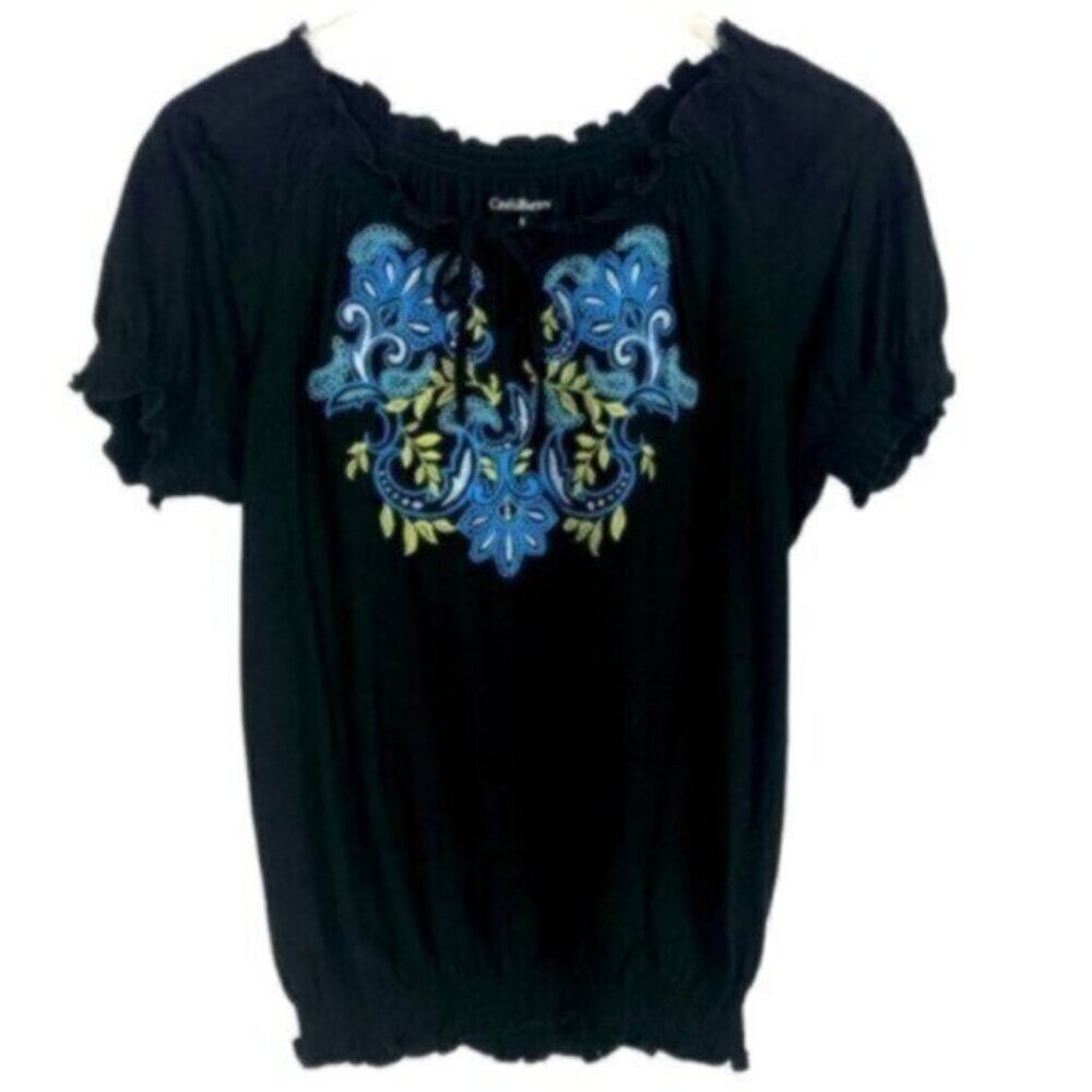 Croft & Barrow | Blue Embroidery Tie Neck Short Sleeve Top Size Small